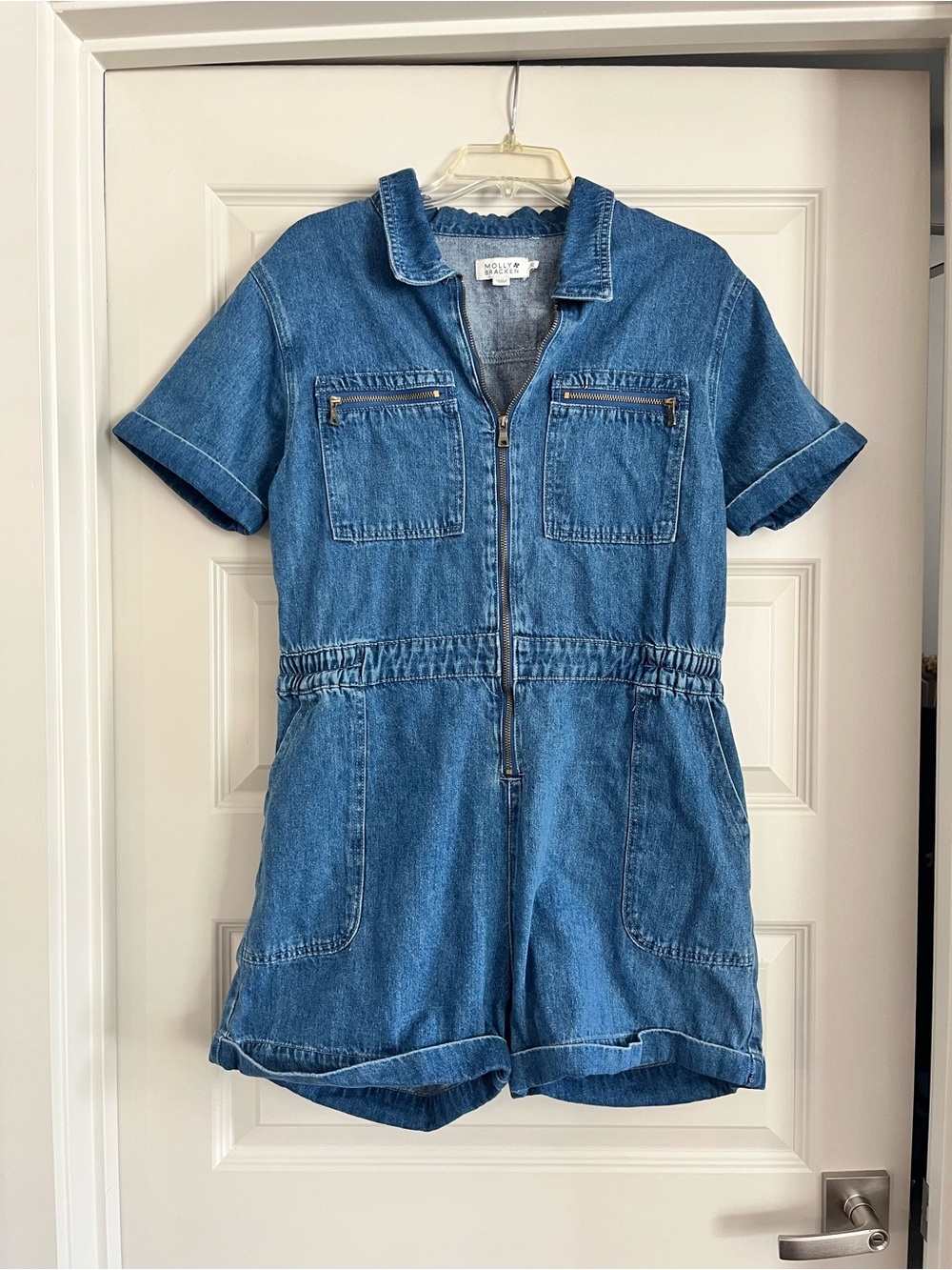 Molly Bracken Denim Short-Sleeve Romper in Blue